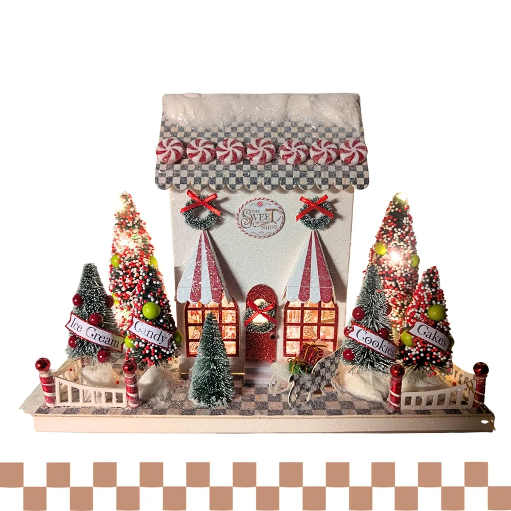 Mackenzie Childs Check It Out Illuminated Sweet Shop Paper House Sterling 10.5